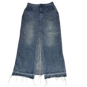 Happily Grey Denim Blue Front Slit Maxi Midi Skirt With Raw Hem Junior Size 1 24